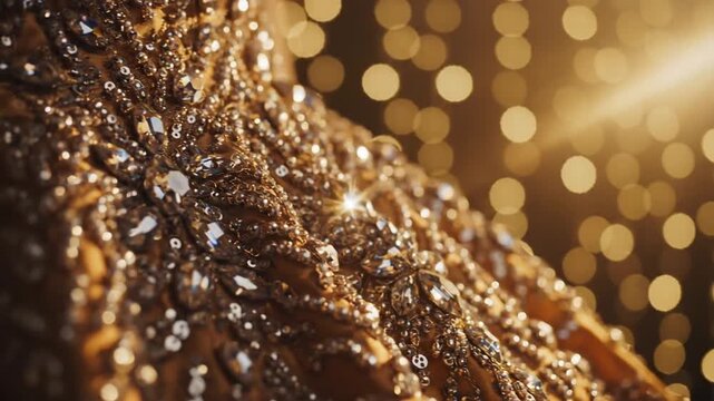 Close-up of a golden textured surface with bokeh lights in the background.