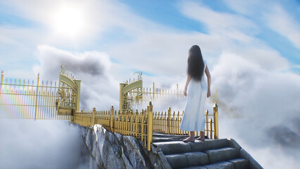 stairway to heaven. A woman stands in front of a paradise, eden gates. Religious concept. 3d rendering. © 3D motion