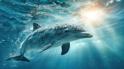 Fototapeta premium Dolphin Swims Near Surface of Ocean With Sunlight Creating Reflections in Clear Blue Water at Midday