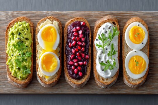 Minimal overhead composition of five artisanal toasts