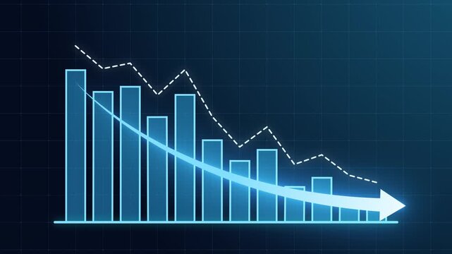 Glowing blue business bar chart with downward arrow and declining line curve. Symbolizing revenue drop, financial loss, negative growth, market downturn, and decrease business performance