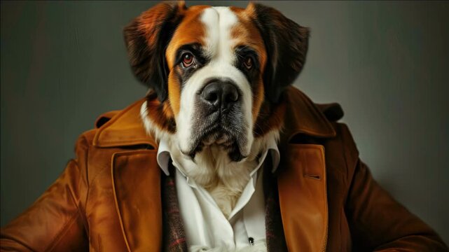 A majestic brown dog dressed in a sophisticated suit, looking poised with its eyes closed. A charming of this adorable canine that exudes an air of sophistication and elegance.