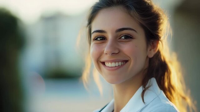 A young woman radiates joy and warmth as she smiles brightly at the camera. Her clear complexion and radiant skin suggest a healthy lifestyle or beauty product use.