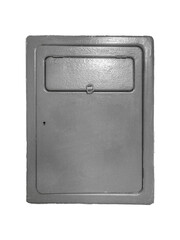 Gray metal inspection hatch door with small flap is isolated.