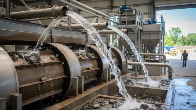 Medium shot of clean water being pumped back into stone washing machinery highlighting circular water usage in stone processing.