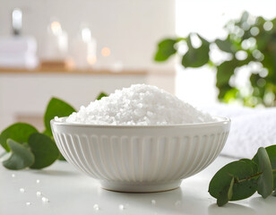 Close-up of sea salt in a white bowl surrounded by fresh eucalyptus leaves, ideal for wellness and spa settings.