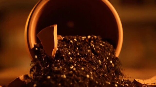 Broken Terracotta Pot Spilling Rich Potting Soil.