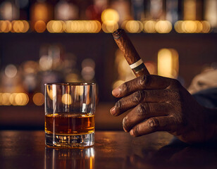 Mature man enjoying whiskey and cigar in a cozy lounge setting with blurred bar background and warm lighting.