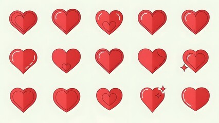 Collection of red hearts with various designs displayed