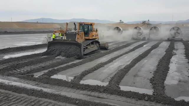Medium shot of damp semisolid tailings undergoing moisture control procedures on site.