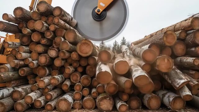 Medium shot of logs neatly piled illustrating the diversity in tree bark and wood types ready for industrial cutting.