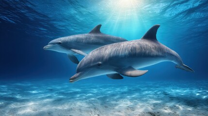 Fototapeta premium Dolphins Swim Together in Clear Waters Highlighting Teamwork and Communication Beneath the Surface During Daylight Hours