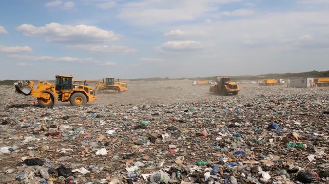 Medium shot of landfill operations showing compactors spreading and compressing layers of mixed waste.