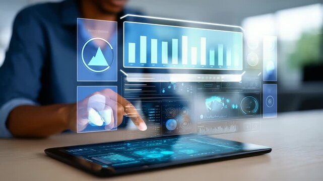 This features user engaging with transparent virtual screen, manipulating digital data in high tech environment. Emphasizes future technology, innovation, interactive user experience