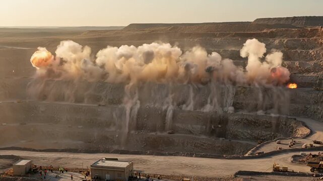 Medium shot of controlled explosives detonating in openpit mine showcasing precision blasting to fragment rock for efficient mineral extraction.