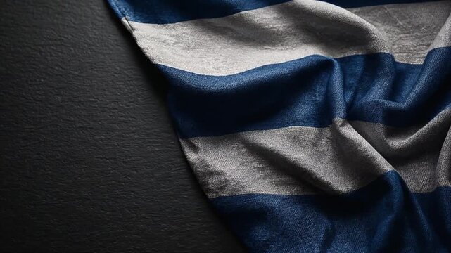 A textured background with a folded fabric corner featuring blue and gray horizontal stripes