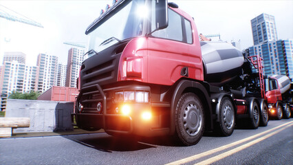 Naklejka premium Concrete mixer truck on construction. driving. Building and transport concept. 3d rendering.