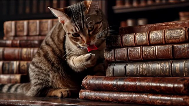 Cat Sitting Among Leather Bound Books.