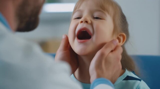 Male doctor in white lab coat examining a young girls throat with her mouth open during a medical checkup