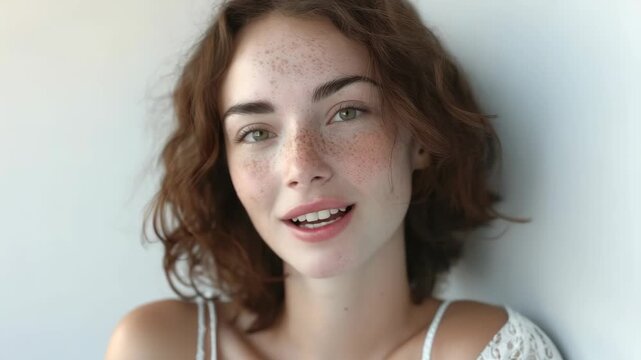 A portrait of a young woman with red hair and freckles, wearing a white top. She is gazing off to the side, showing her natural beauty.