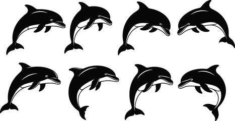 Dolphin silhouettes leaping and swimming, aquatic animal artwork, marine life design concept, ocean wildlife theme, playful motion symbol, sea creature illustration, flat vector illustration