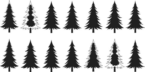 Obraz premium Pine tree silhouettes collection, forest nature design, evergreen coniferous shapes with unique variations, botanical environment artwork, landscape illustration concept set -flat vector illustration