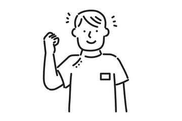 ケーシー白衣を着て笑顔でガッツポーズする若い看護師の男性イラスト　白黒