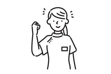 ケーシー白衣を着て笑顔でガッツポーズする若い看護師の女性イラスト　白黒
