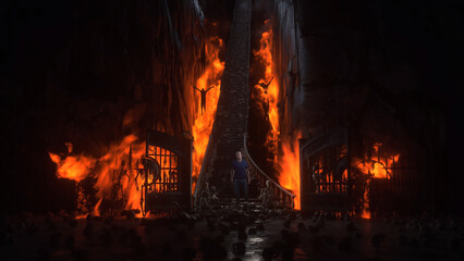 Man in hell. Sinner. A lonely sinfull man stands in front of a hell gates. Hell fire. Religious concept. 3d rendering. © 3D motion