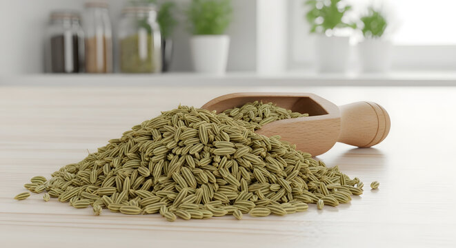 Piles of cumin seeds in a kitchen setting