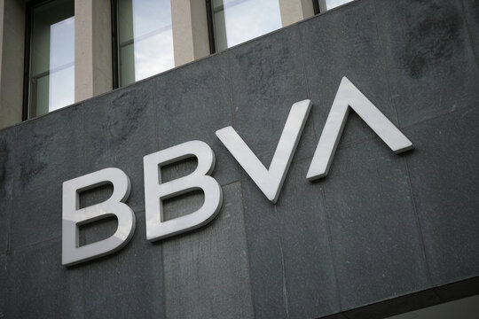Close up of BBVA financial institution signage