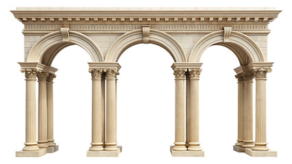 Fototapeta premium Classical stone arch colonnade with three arches and ornate columns isolated on a transparent background