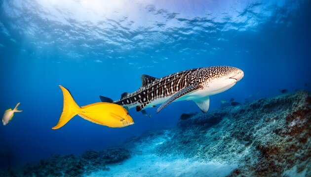 Leopard Shark With A Yellow Pilot Fish In Blue Water