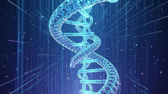 DNA Helix in Digital Space: A luminous, spiraling DNA helix glows against a backdrop of digital pathways, representing the essence of life and the wonders of science.