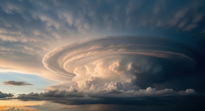 Intense supercell thunderstorm structure dominating the horizon with dark swirling clouds and atmospheric instability suggesting severe weather is imminent, convection, vast, anvil cloud