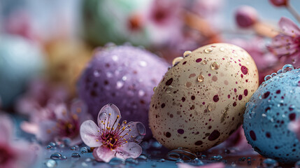 Pastel speckled Easter eggs with spring blossoms and dew macro still life close up