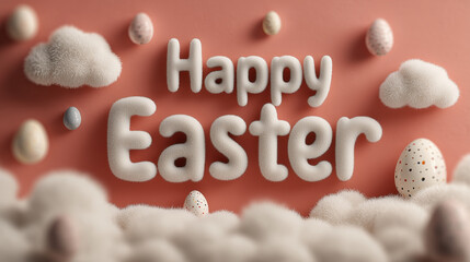 Happy Easter 3D text banner with cute clouds and eggs pastel spring holiday background