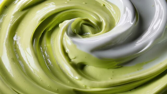 Swirling pistachio cream and yogurt, closeup of smooth dessert mixture with creamy texture and green-white swirl