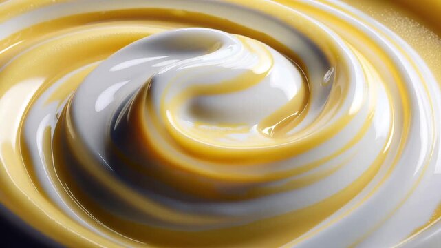 Swirling lemon cream and milk, closeup of smooth dessert mixture with yellow and white creamy texture