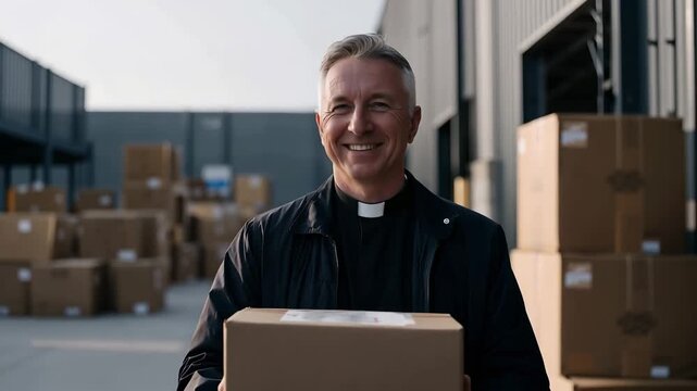 Smiling priest holding a cardboard box outdoors, engaging in charity work and community service