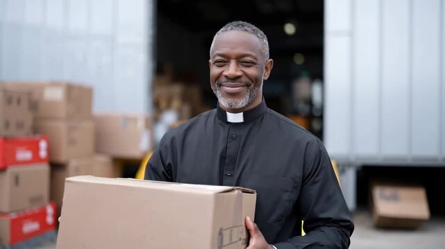 Smiling priest carrying a cardboard box outdoors, volunteer work and charitable activity in community setting