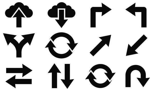 Collection of black vector arrow icons representing various directions, navigation, upload, download, refresh, and branching path choices for interfaces.
