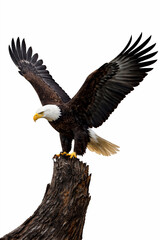 Obraz premium Powerful Bald Eagle with Wings Spread Perched on Tree Stump, Isolated on White Background