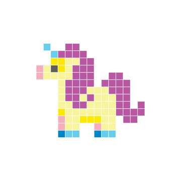 A flat pixel design made of geometric square color blocks on a clean icon layout. Pixel art fantasy pony