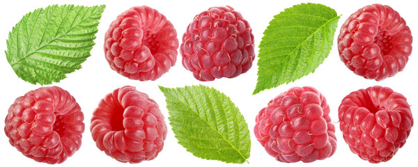 Fresh raspberries and green leaves isolated on white, set