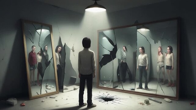 A person stands before shattered mirrors, reflecting different people in a dimly lit, damaged room