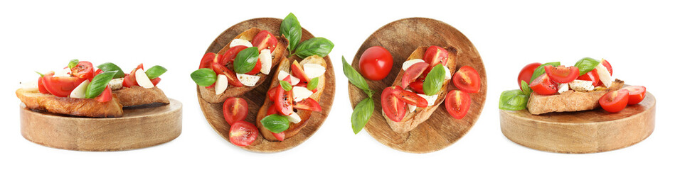 Tasty bruschettas with mozzarella cheese and tomatoes isolated on white, set. Top and side view
