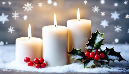 Warm White Candles With Holly And Snow Illustration For Merry Christmas And Happy New Year Greeting Card