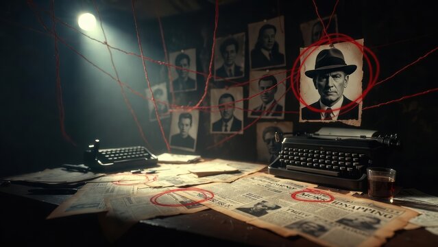 Dark detective office with crime scene evidence and suspect profiles
