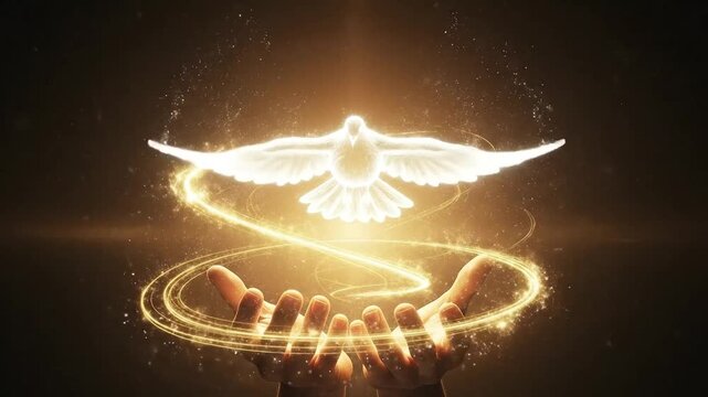 Abstract illustration of a dove above cupped hands emitting glowing light